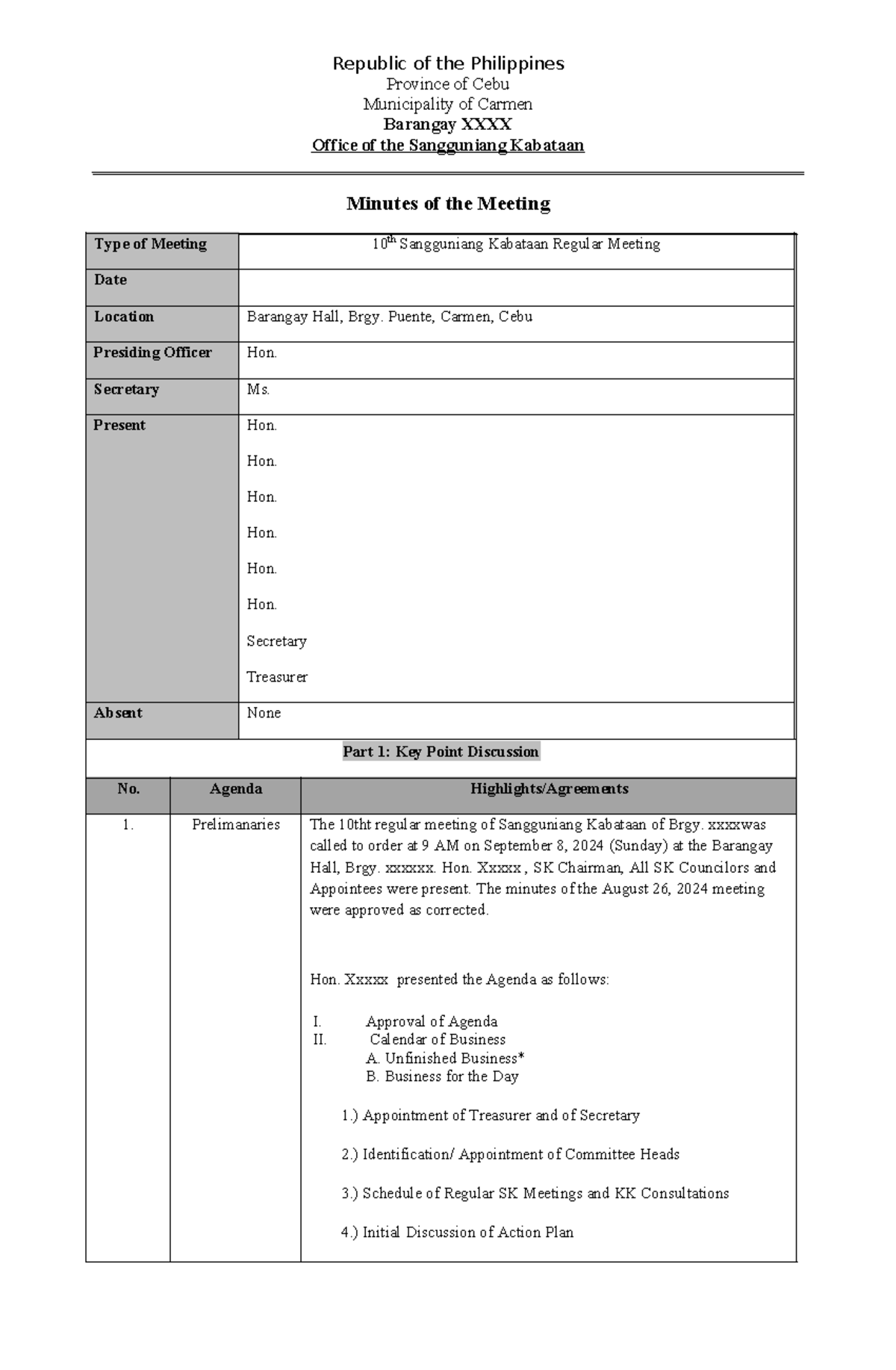 SK Meeting Minutes Template - Brgy. Carmen, Cebu - Studocu