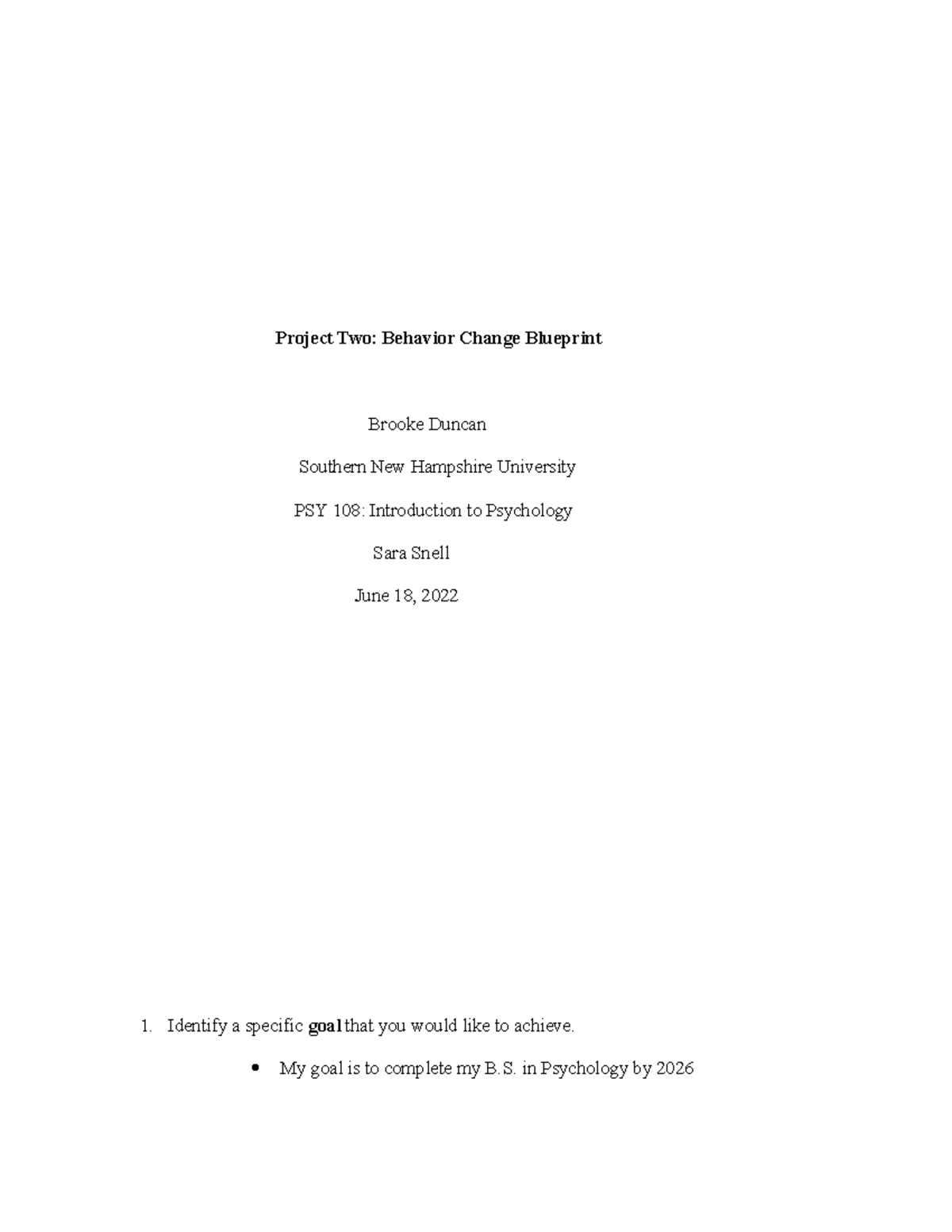 PSY 108: Behavior Change Blueprint for Project Two - Studocu