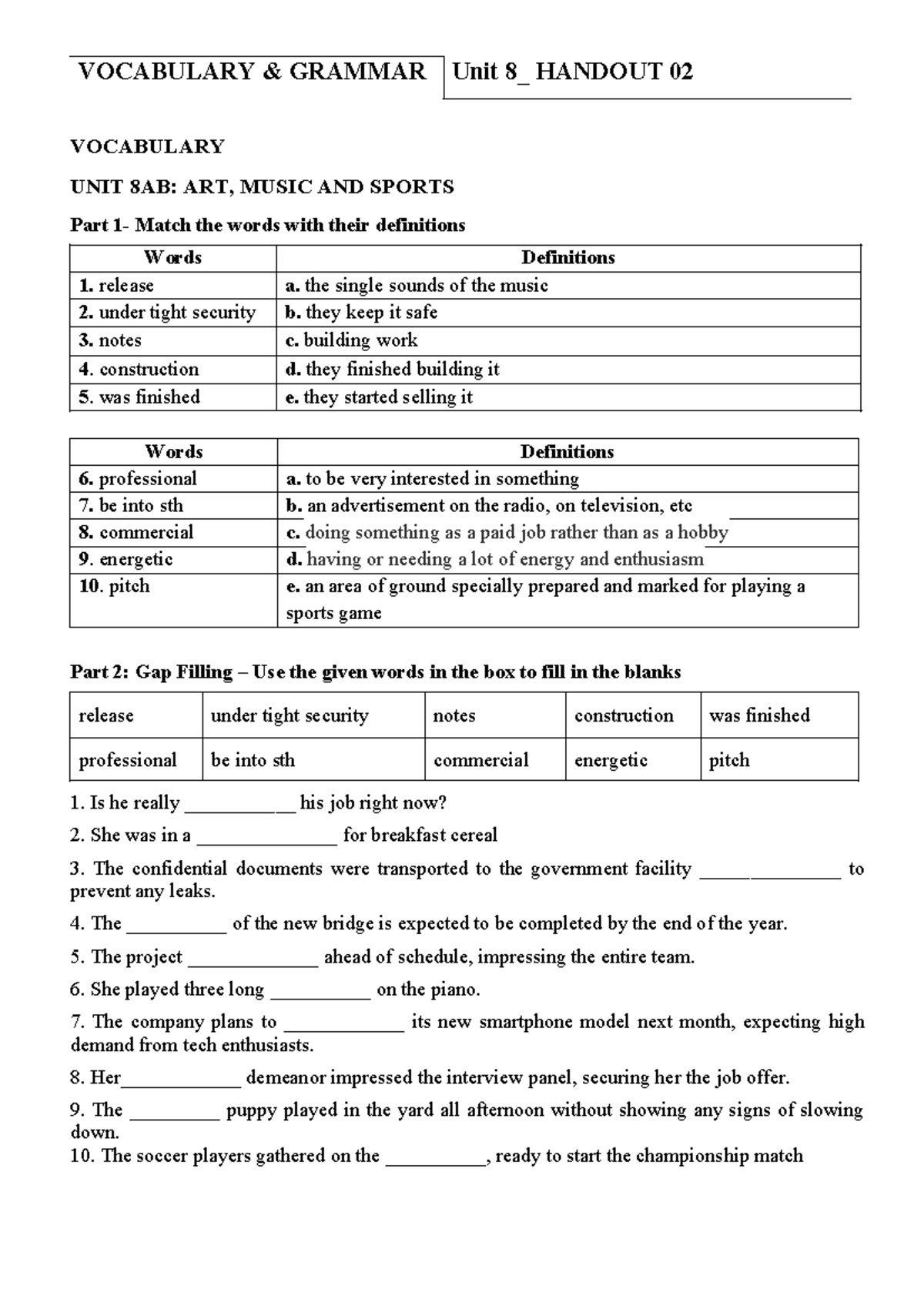 Unit 8 Handout: Vocabulary, Grammar, and Listening Activities - Studocu