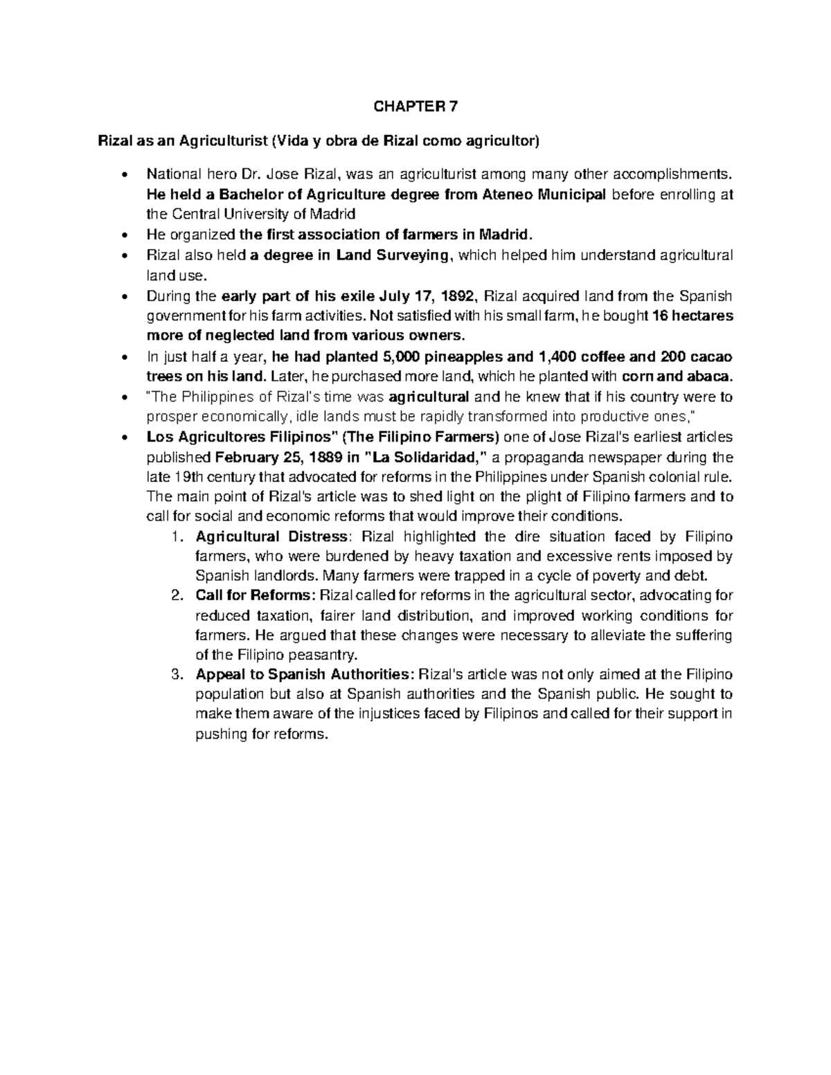 Rizal as an Agriculturist & Economist - Life Works Chapter 7 - Studocu