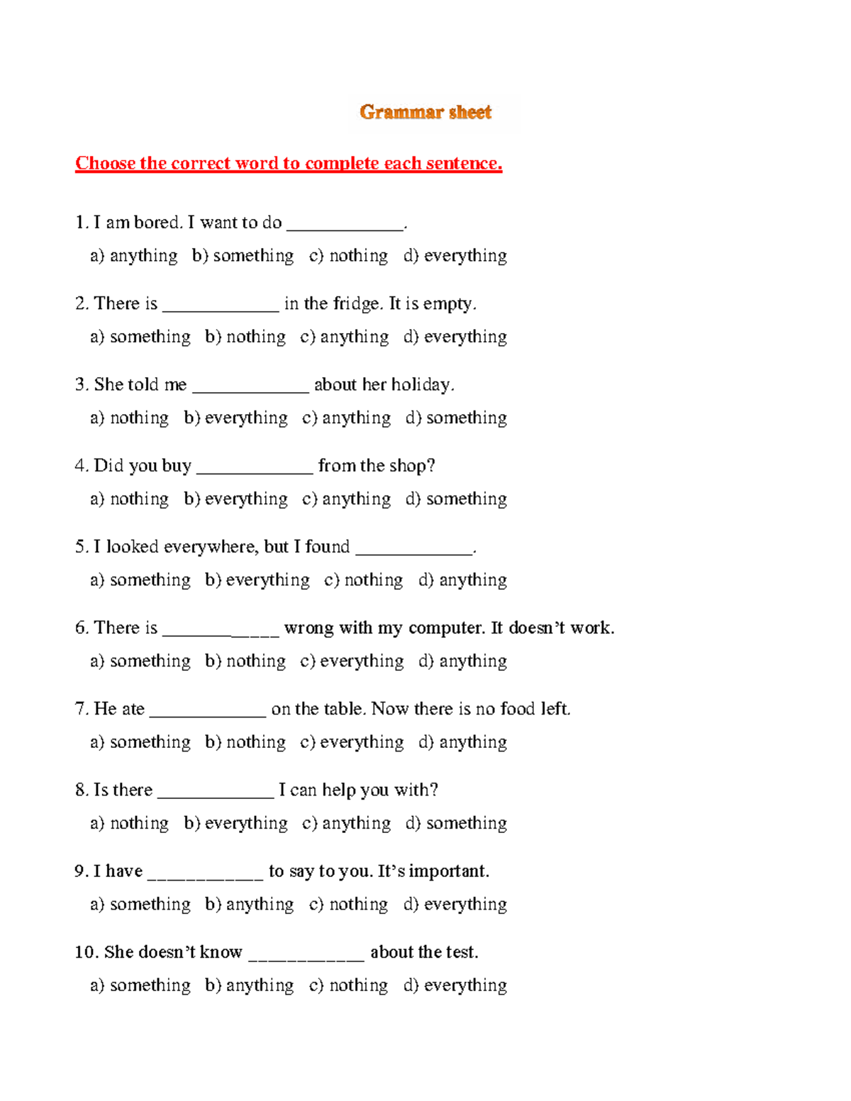 Grammar Worksheet: Complete the Sentences with the Correct Word - Studocu