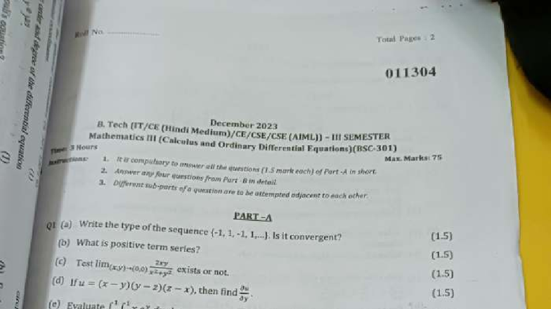 Mathematics PYQs for B.Tech (AIML) SEM 301304 - Studocu