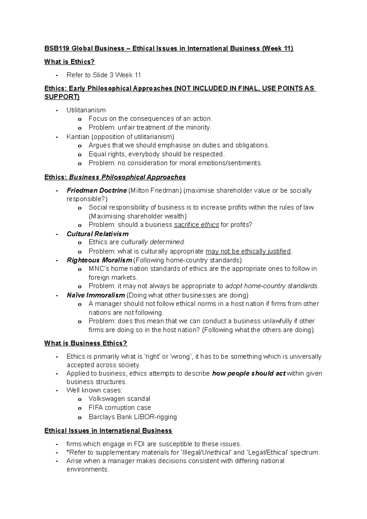 BSB119 Week 11 Lecture Notes: Ethical Issues in Global Business - Studocu