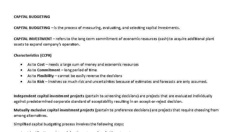 CAPITAL BUDGETING: Techniques and Evaluations for Investment Decisions ...