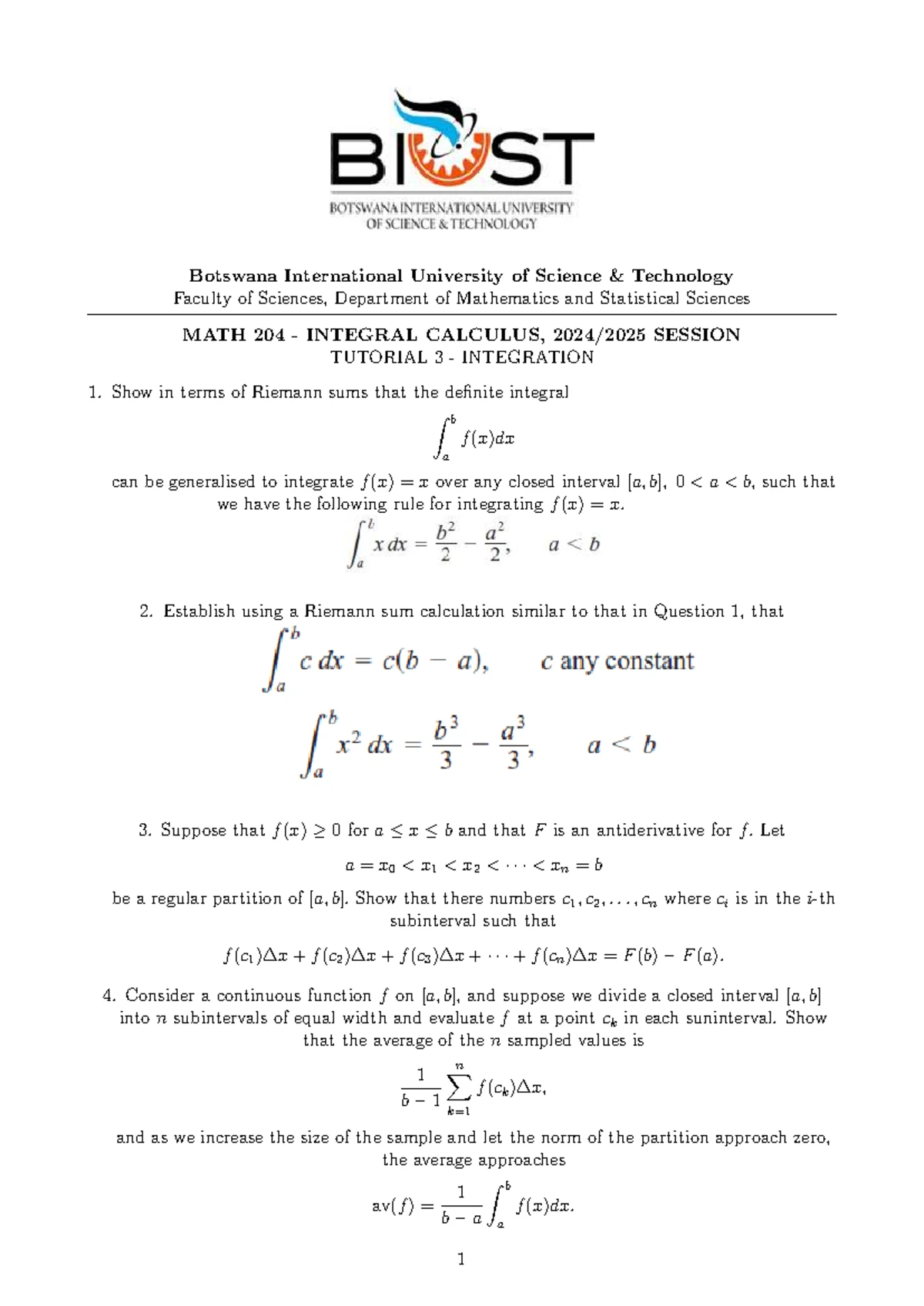 MATH 204 Integral Calculus - Tutorial 4: Applications of Integration ...