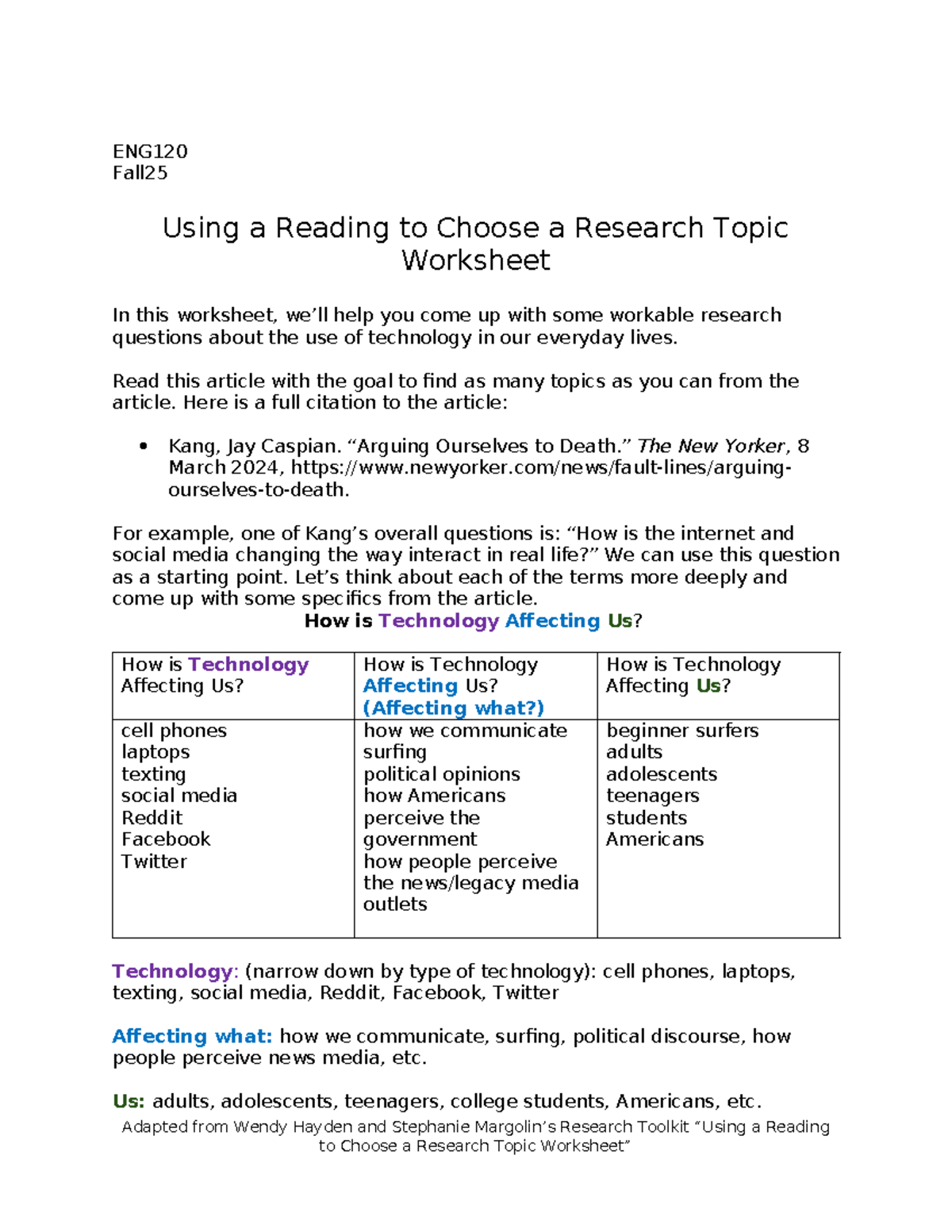 ENG120 Fall25 Research Topic Worksheet: Exploring Tech's Impact - Studocu