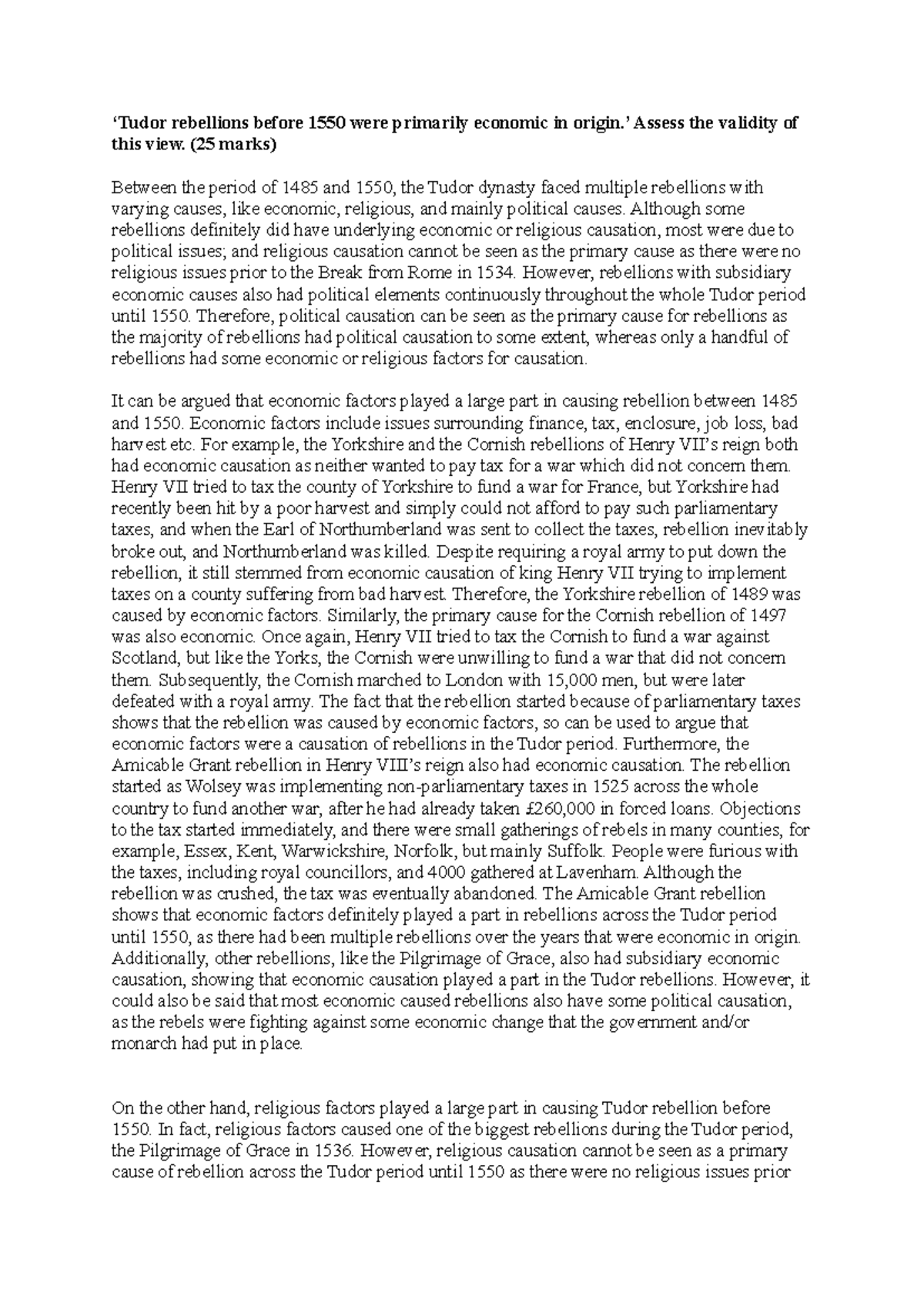 Assessing Economic and Political Causes of Tudor Rebellions (HIST101 ...