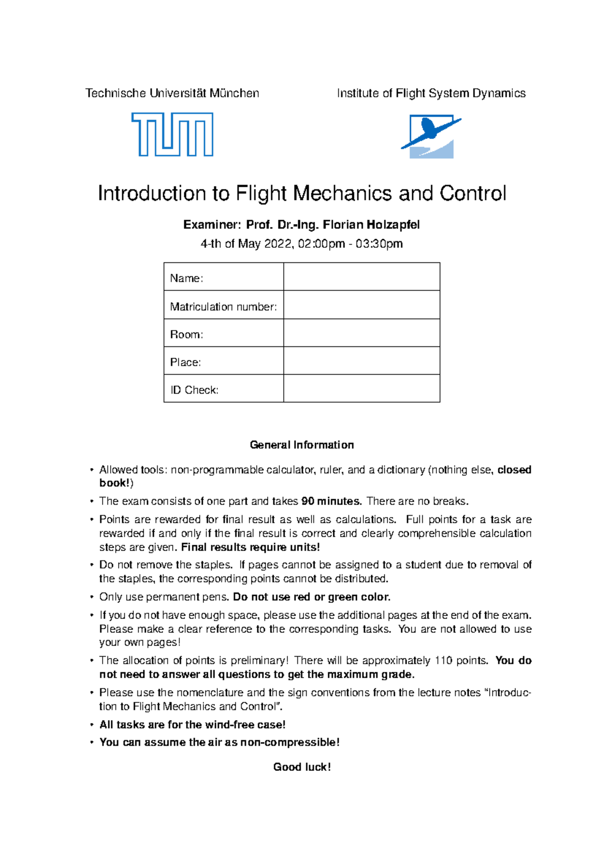 Exam WS 2122 - Introduction to Flight Mechanics and Control - Studocu