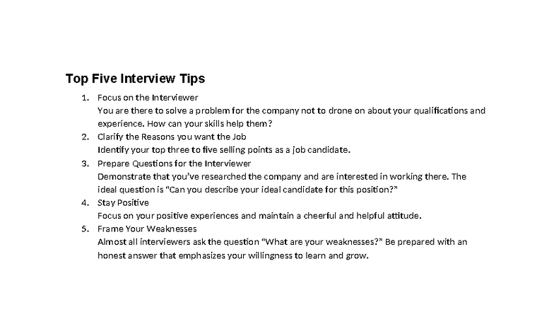 Top 5 Interview Tips for Success - Support WD 7 Interviews - Studocu