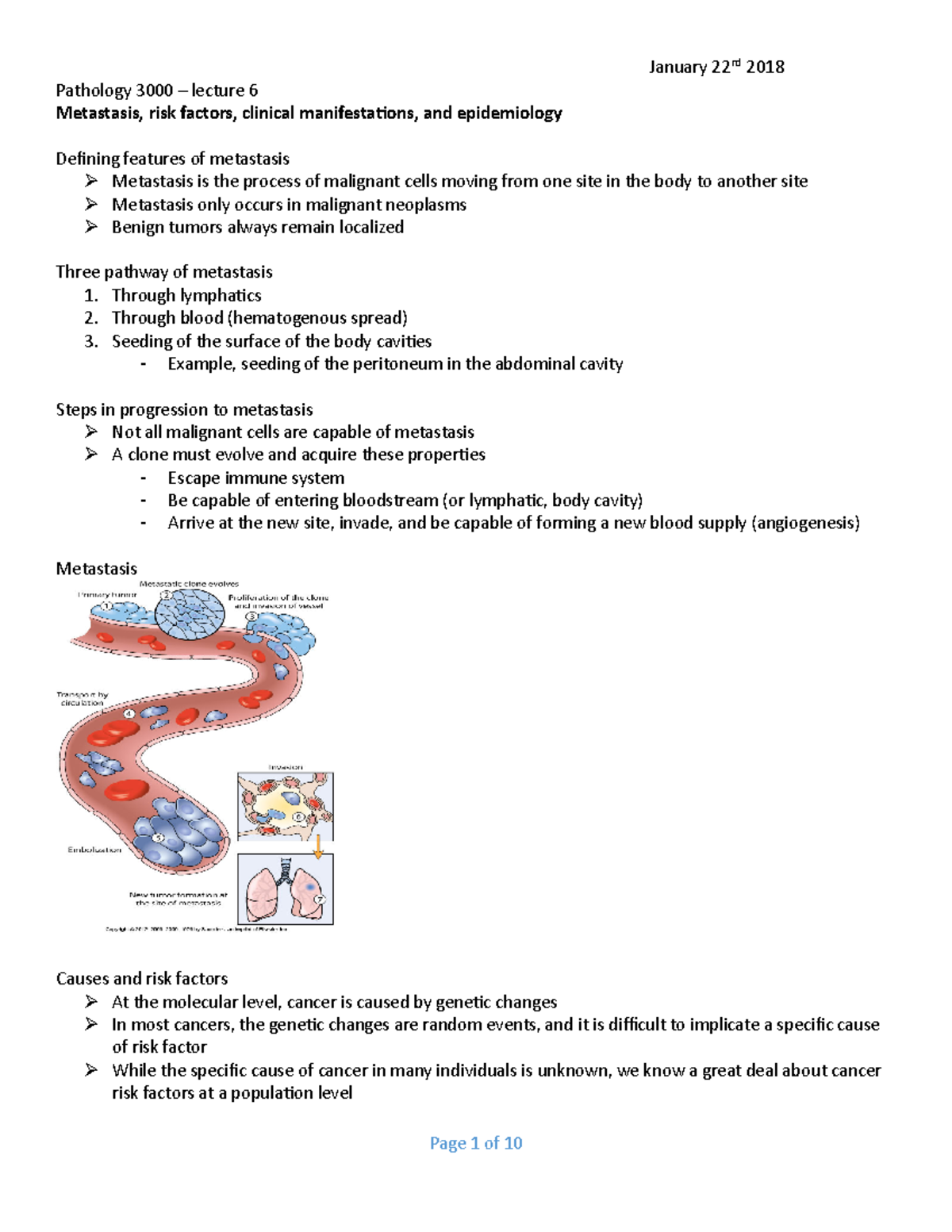 Pathology 3000 – Lecture 6: Metastasis and Carcinogenesis Overview ...