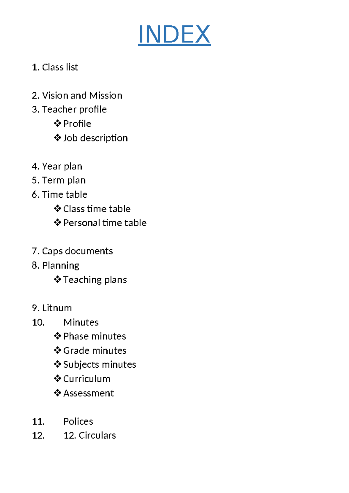 File contents.docx index - INDEX 1. Class list 2. Vision and Mission 3 ...