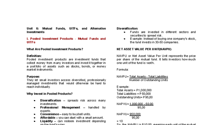 Unit 6: Mutual Funds, UITFs, and Pooled Investment Products Overview ...