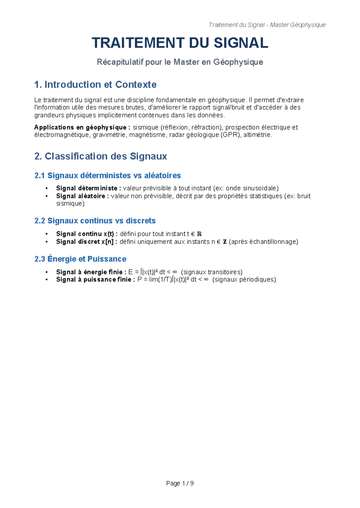 Traitement du Signal en Géophysique - Récapitulatif Master - Studocu