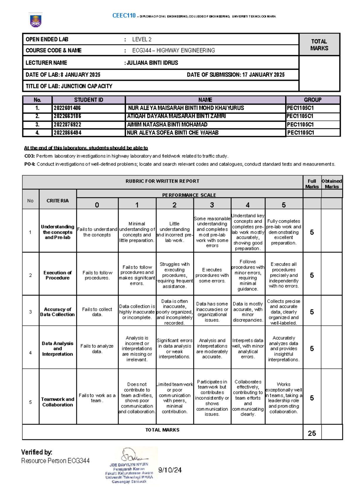 ECG344 Highway Engineering Lab: Junction Capacity Analysis - Studocu