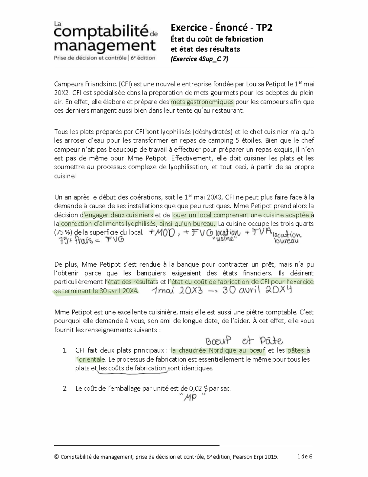 TP2 Exercice 1 : État du Coût de Fabrication et Résultats de CFI - Studocu