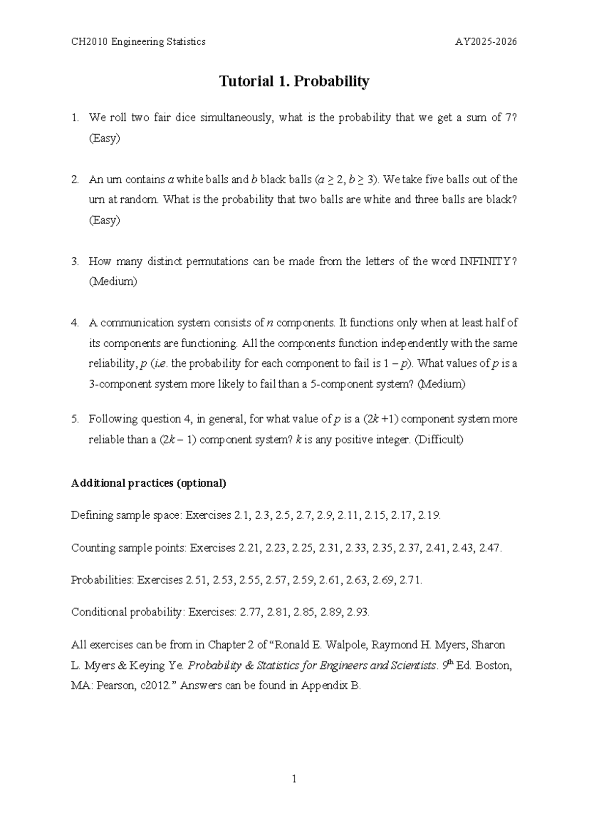 CH2010 Engineering Statistics Tutorial 1: Probability Exercises - Studocu