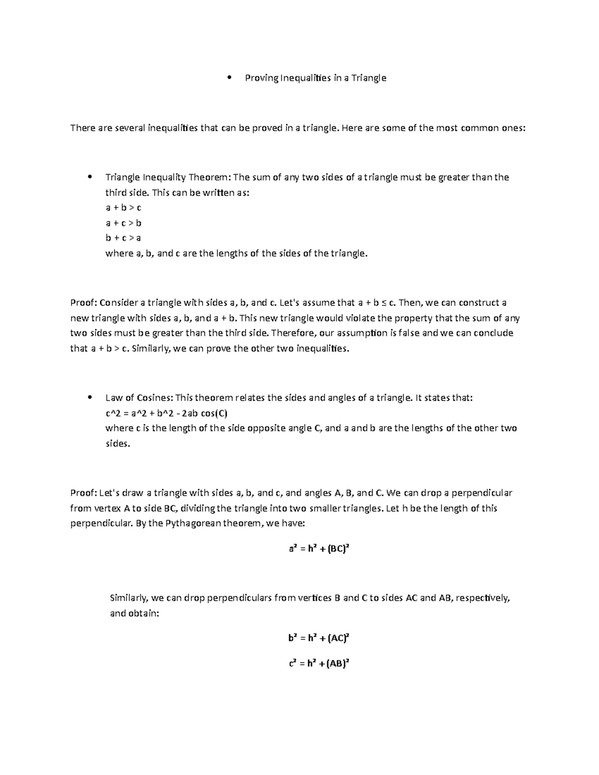 Triangle Inequalities: Proving Key Theorems in Geometry - Studocu