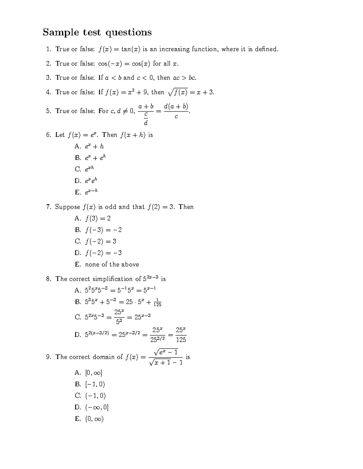 Sample Test Questions for Math 101: True/False & Graphing - Studocu