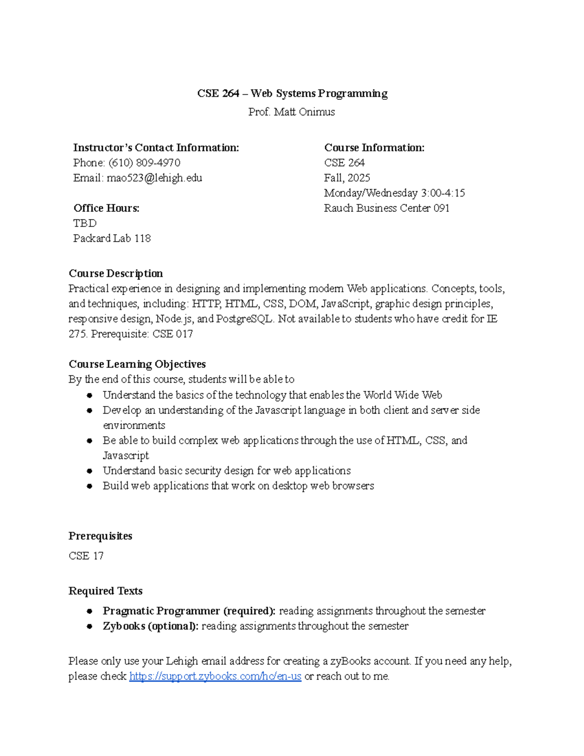 CSE 264 Web Systems Programming Syllabus - Fall 2025 - Studocu