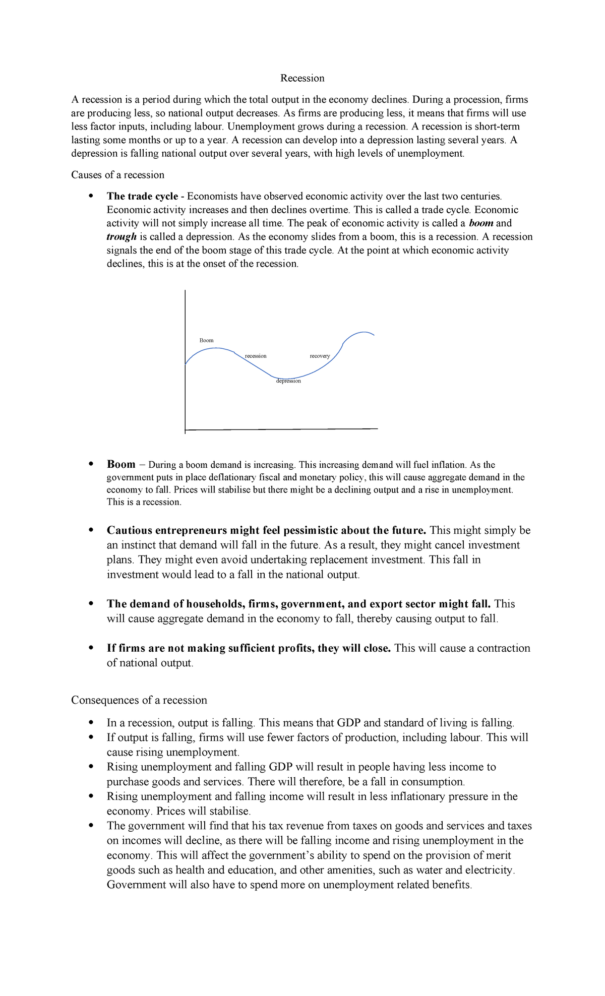 CXC Economics Notes: Understanding Recession and Its Impacts - Studocu