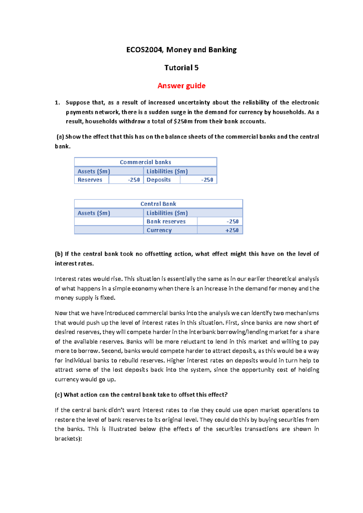 ECOS2004 Tutorial 5 Answer Guide: Money and Banking Concepts - Studocu