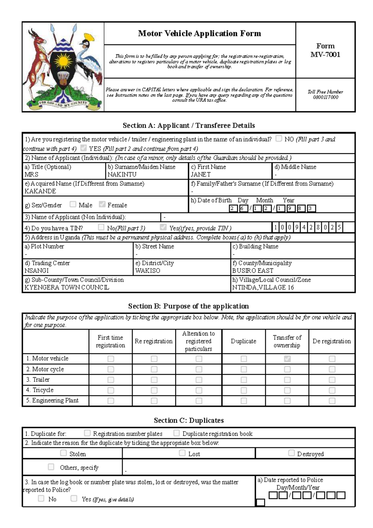 Motor vehicle application form UBJ187B for registration and transfers ...