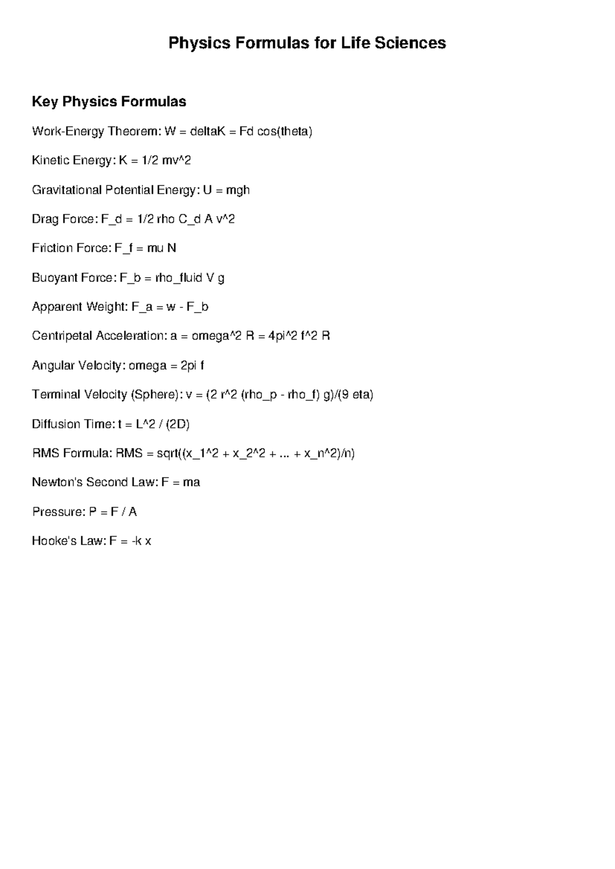 Physics Life Sciences Formulas: Key Equations & Theorems - Studeersnel