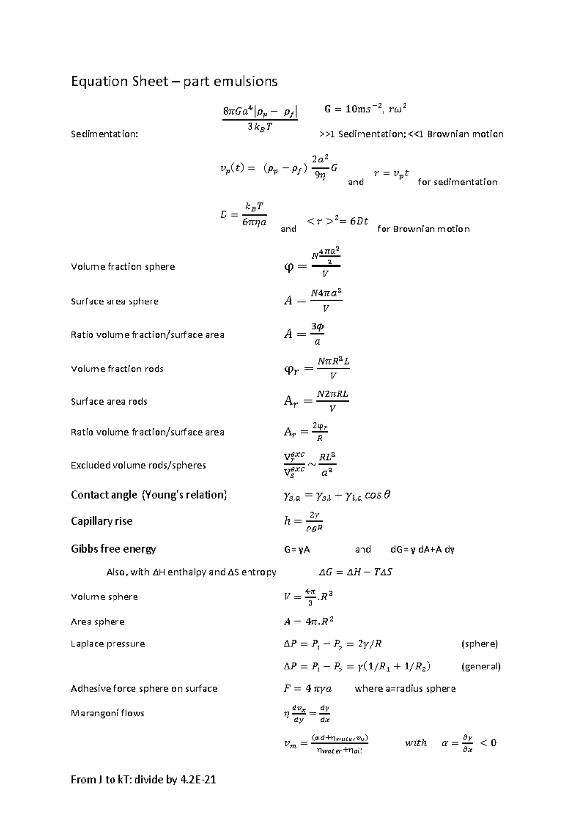 Equation Sheet: Emulsion Dynamics and Key Formulas - Studeersnel