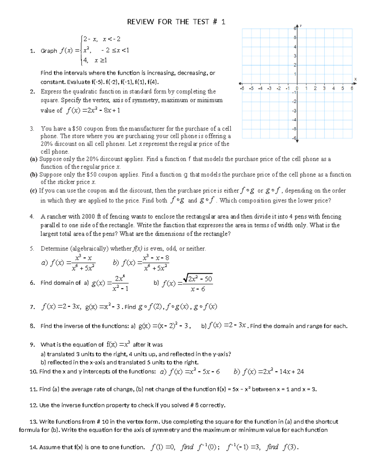 Review for the Test #1: Functions and Graphs Analysis - Studocu