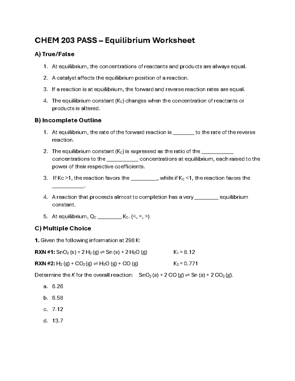 CHEM 203 Week 4 - Equilibrium Worksheet and Practice Questions - Studocu