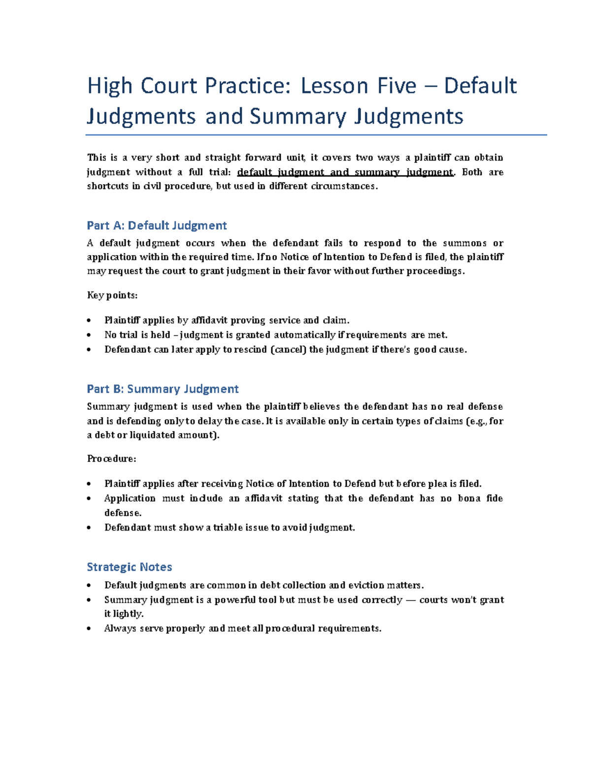 High Court Practice: Lesson 5 on Default & Summary Judgments - Studocu