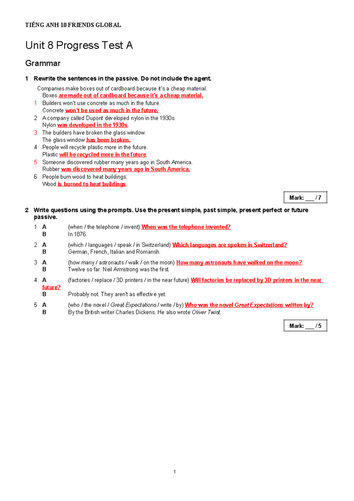TIẾNG ANH 10 FRIENDS GLOBAL Unit 8 Progress Test A Answer Key - Studocu