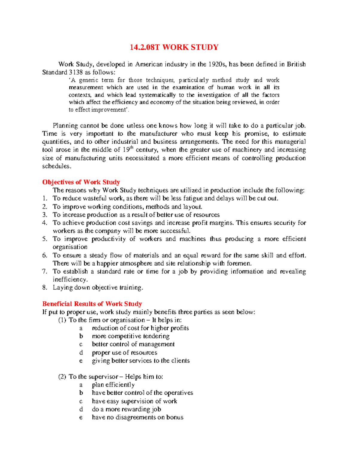 14.2.08T WORK STUDY: Techniques, Benefits, and Historical Context - Studocu