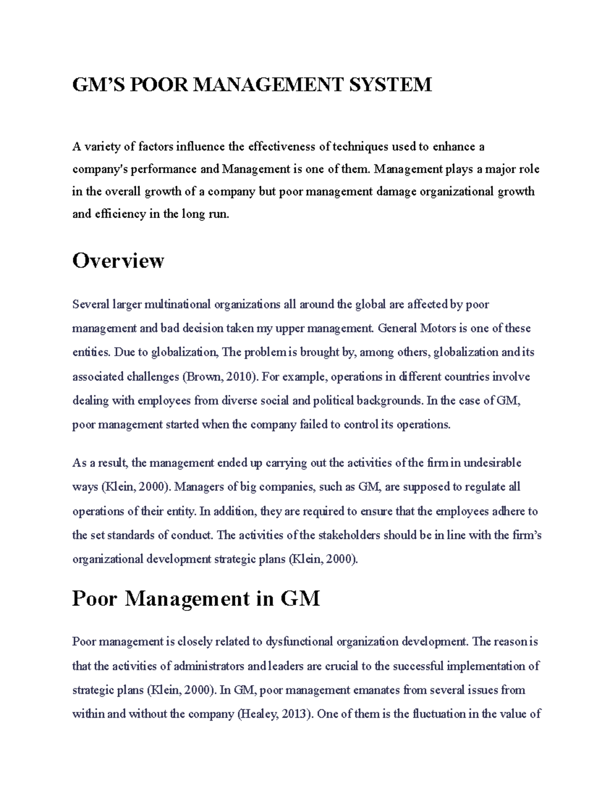 GM - Poor Management Analysis and Its Impact on Organizational Growth ...