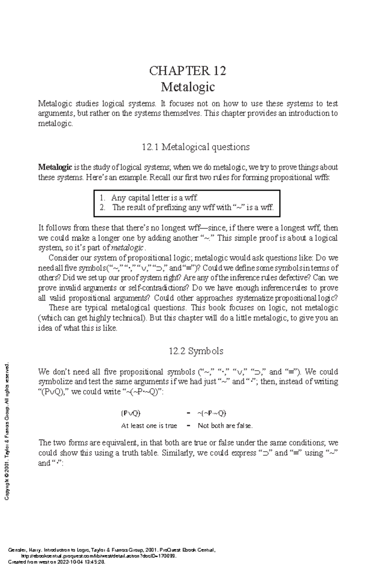 Introduction to Logic - CH 12 Metalogic: Exploring Logical Systems