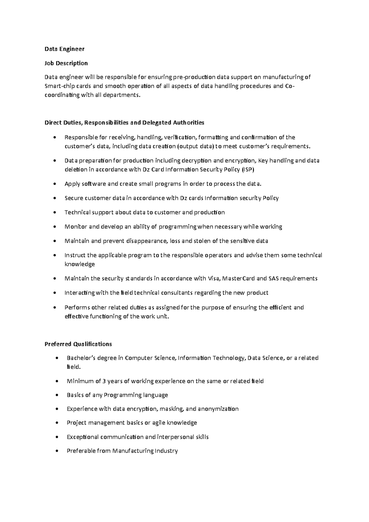 Data Engineer Job Description for Class Journal - Studocu
