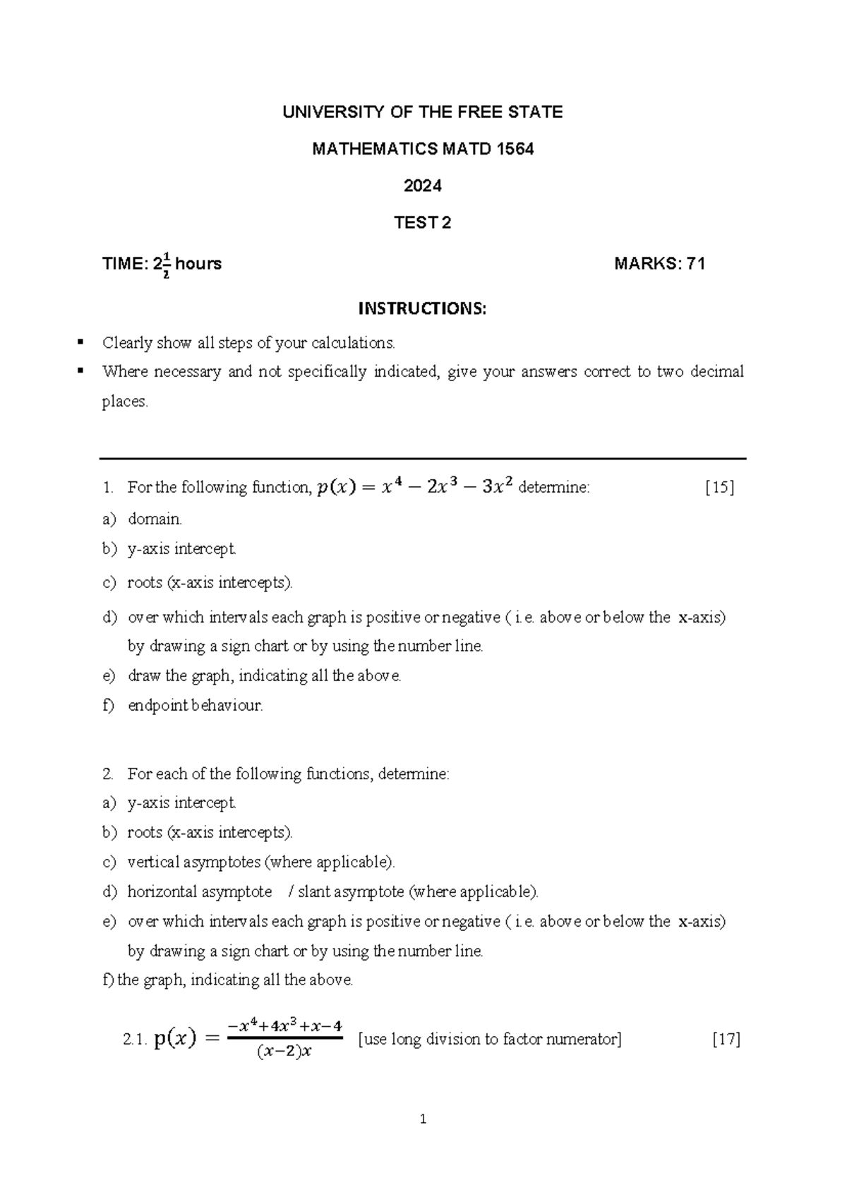 ST2 MATD 1564 2024 TEST 2: Functions and Graph Analysis - Studocu