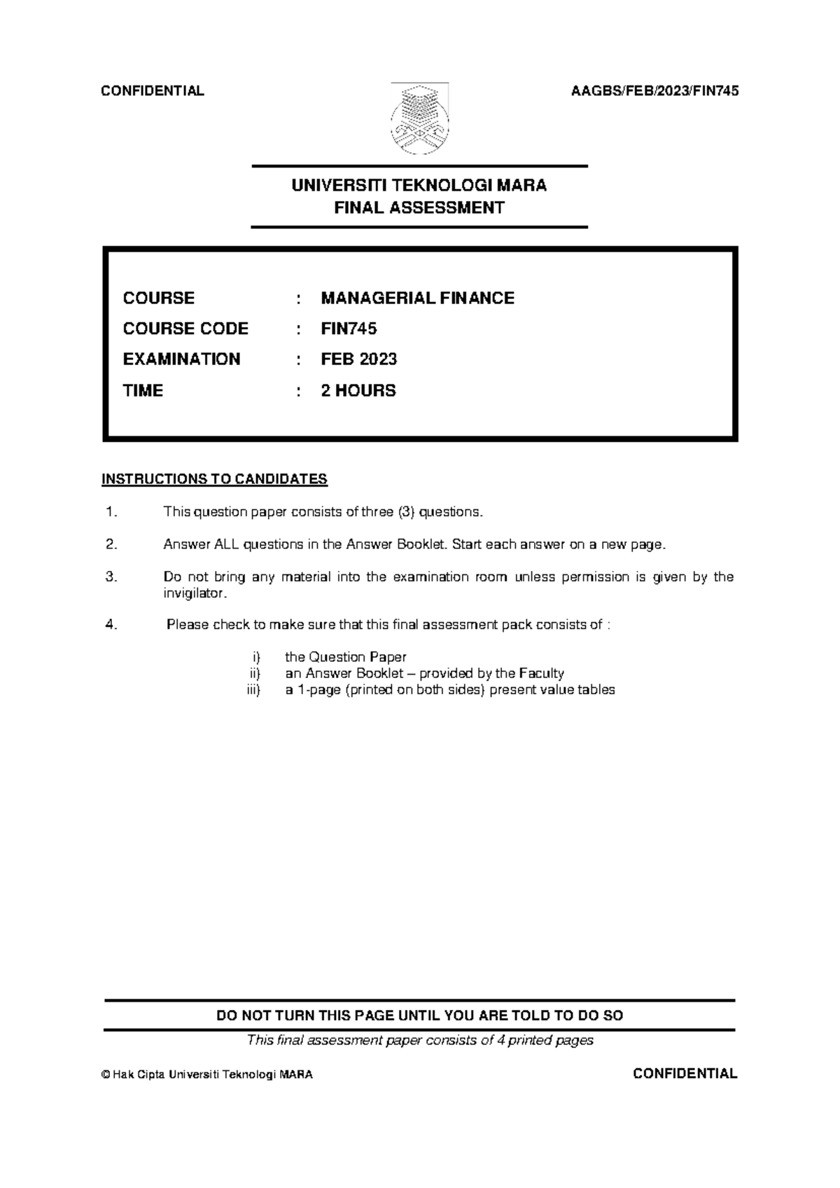 FIN745 Final Assessment Feb 2023 Questions - Managerial Finance - Document Preview