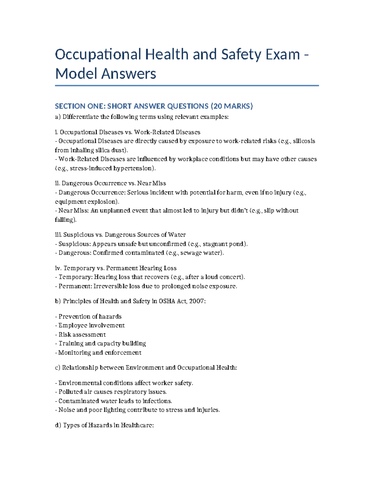 OHS 101: Occupational Health and Safety Exam Model Answers - Studocu
