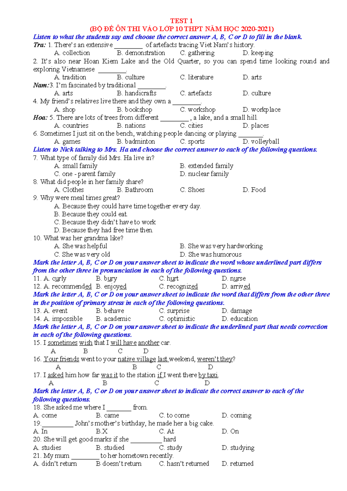 01. TEST 01 - Key Answers for 10th Grade Entrance Exam Prep - Studocu
