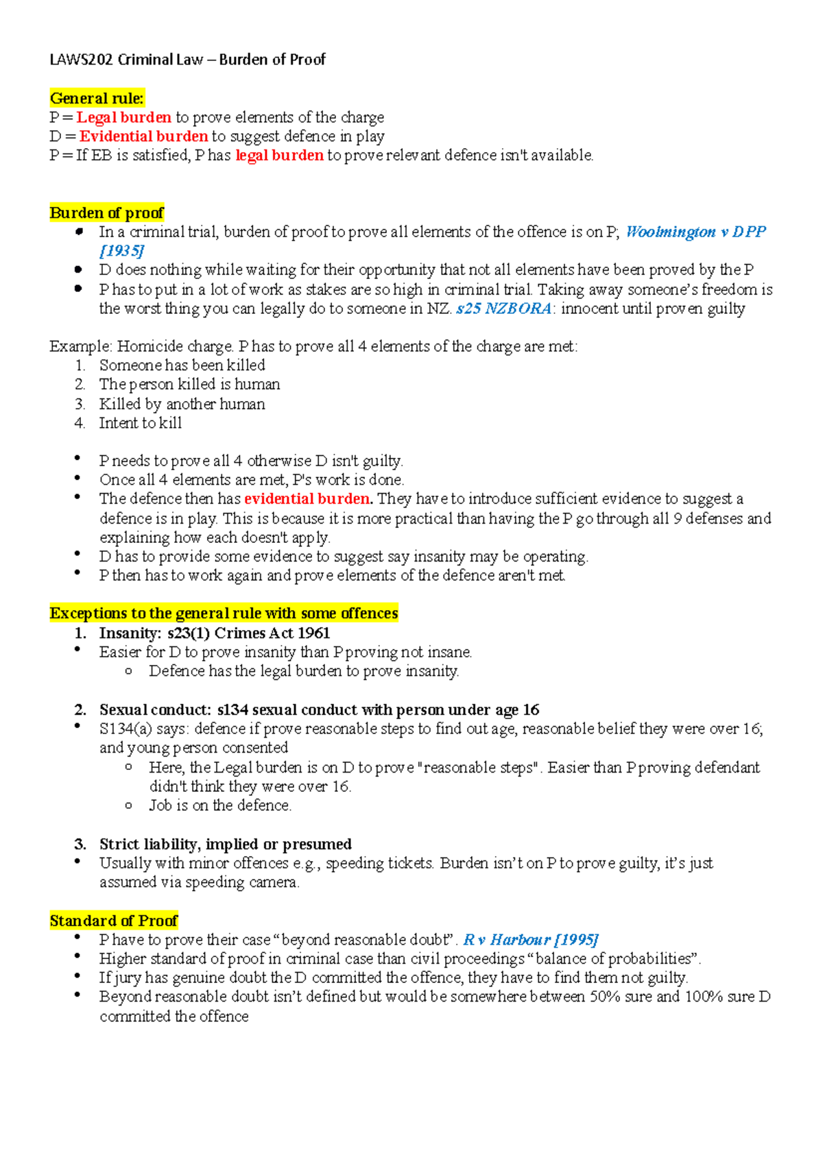 LAWS202 Criminal Law: Burden of Proof Overview and Key Elements - Studocu