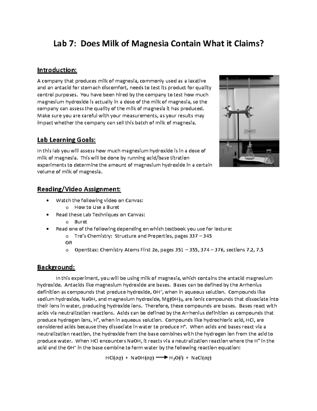 Lab 7: Analyzing Magnesium Hydroxide in Milk of Magnesia - Studocu