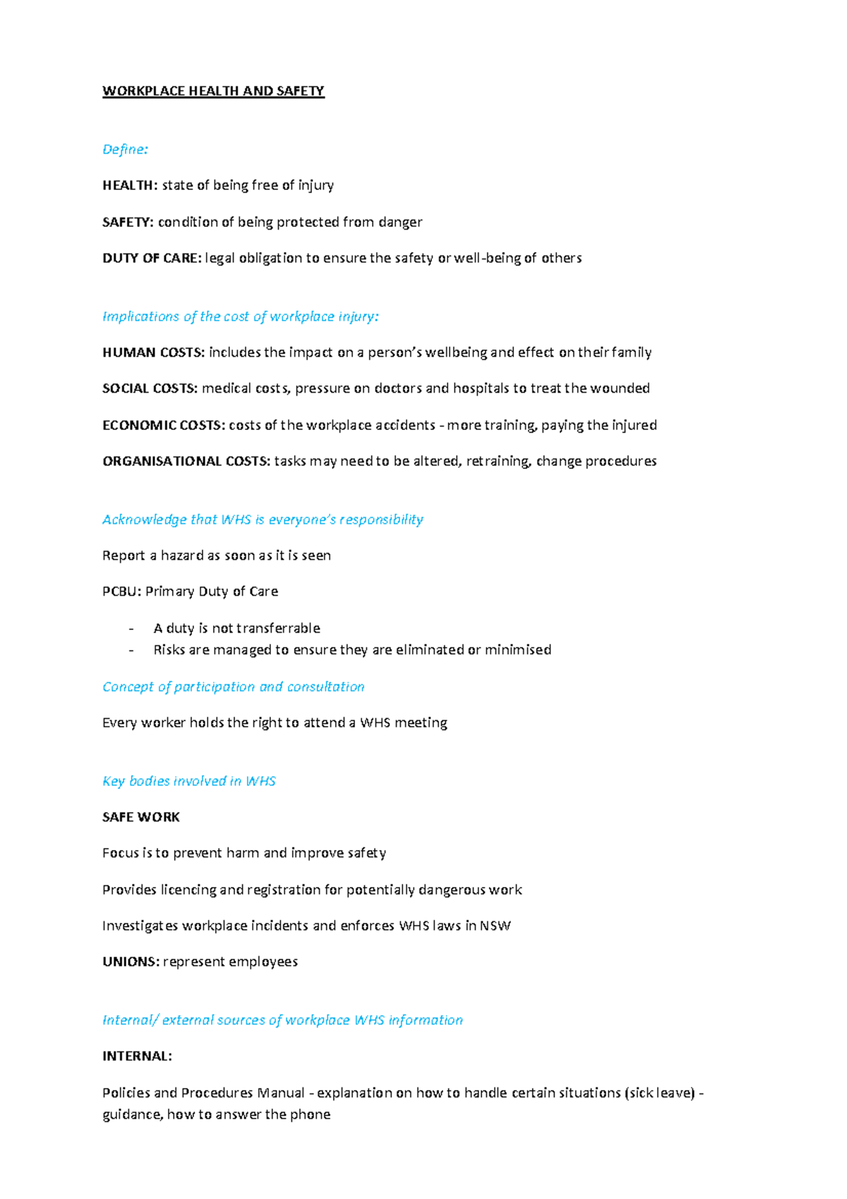 WHS Study Notes - Understanding Workplace Health and Safety Standards