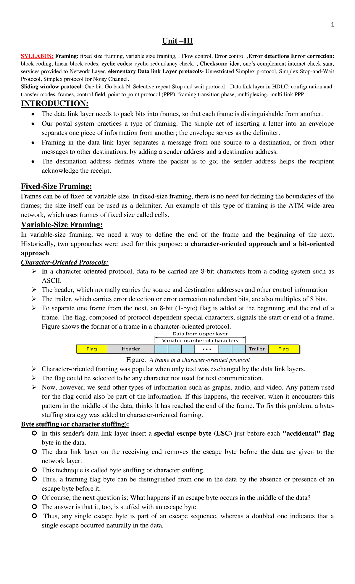 Unit-III - Data Link Layer Concepts & Error Control Techniques CN - Studocu