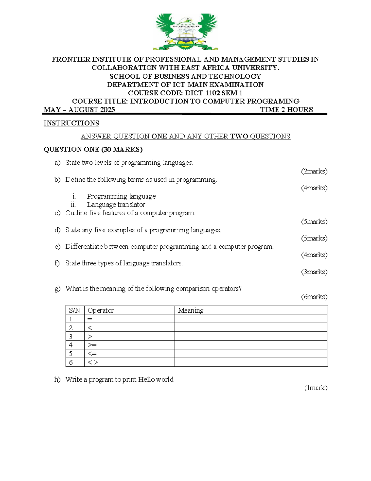 DICT 1102 Final Exam: Introduction to Computer Programming - Studocu