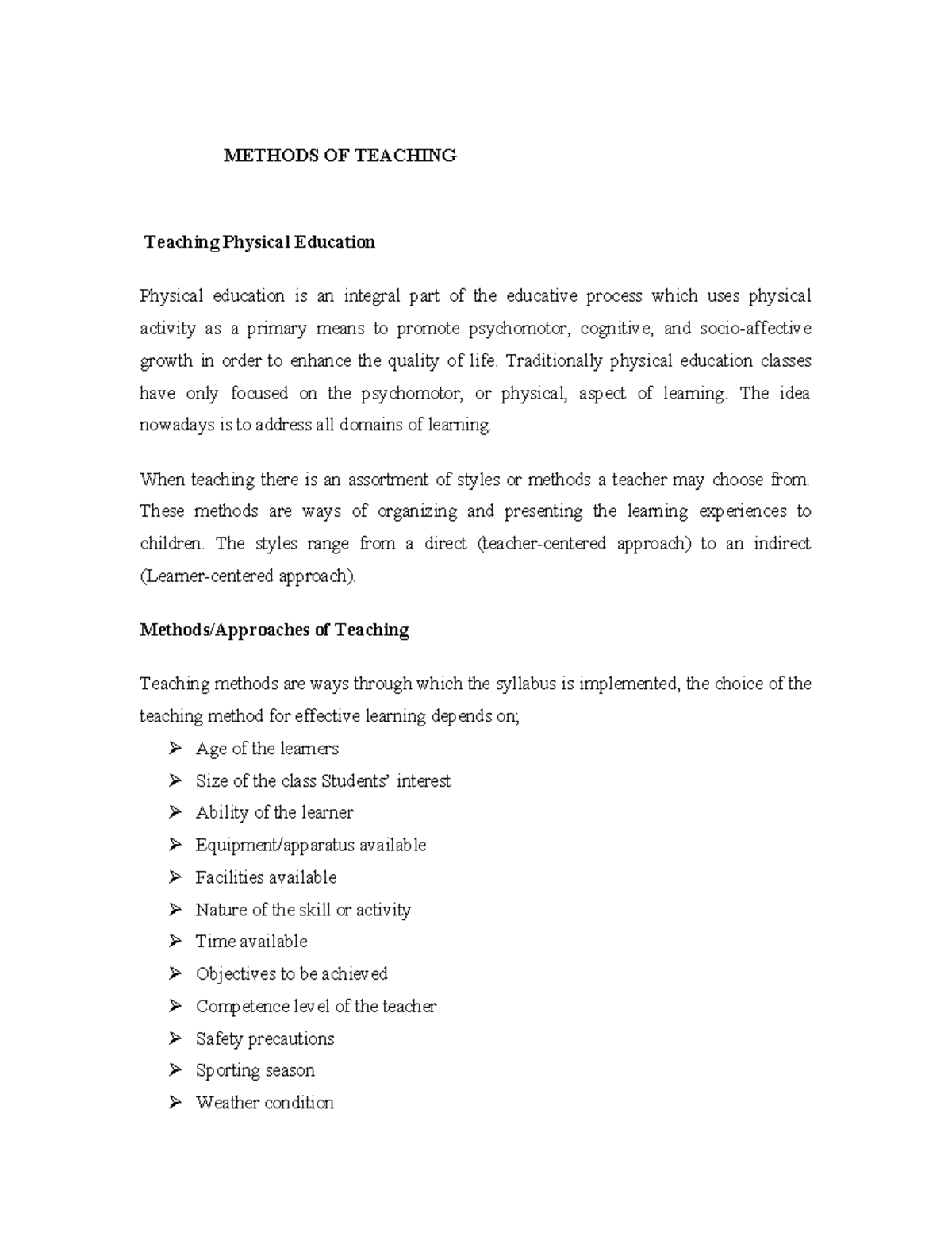 Methods of Teaching Physical Education (PE 1) - Studocu