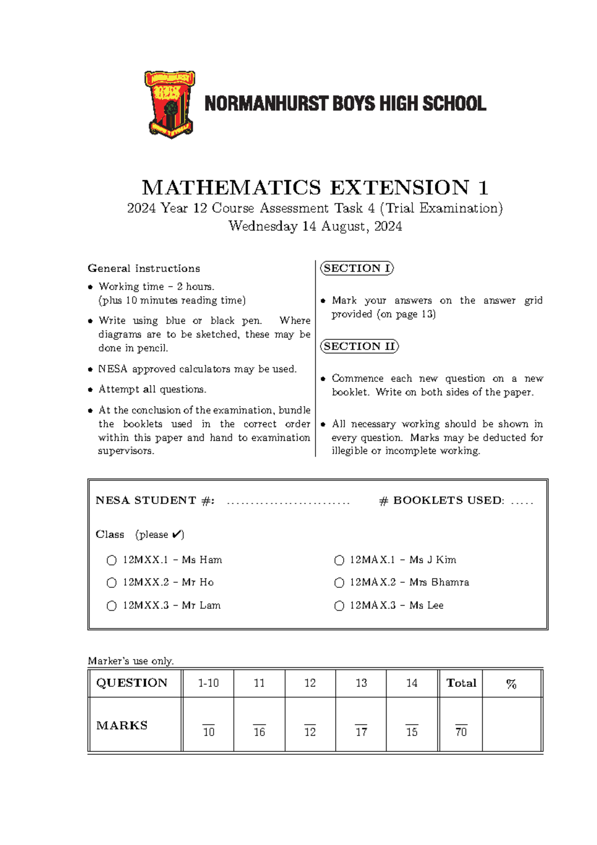2024 Mathematics Extension 1 Trial Exam & Solutions (Task 4) - Studocu