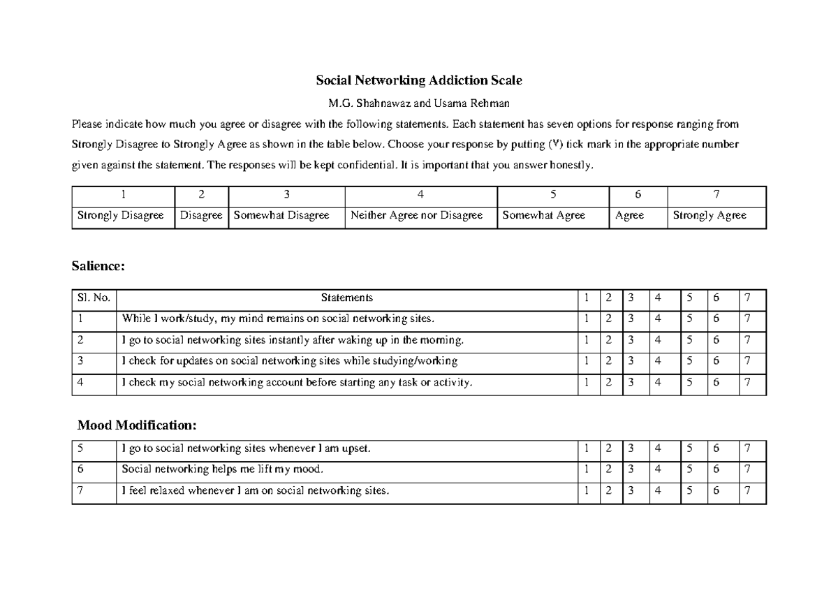 Social Networking Addiction Scale: Survey Responses (72007 6395) - Studocu