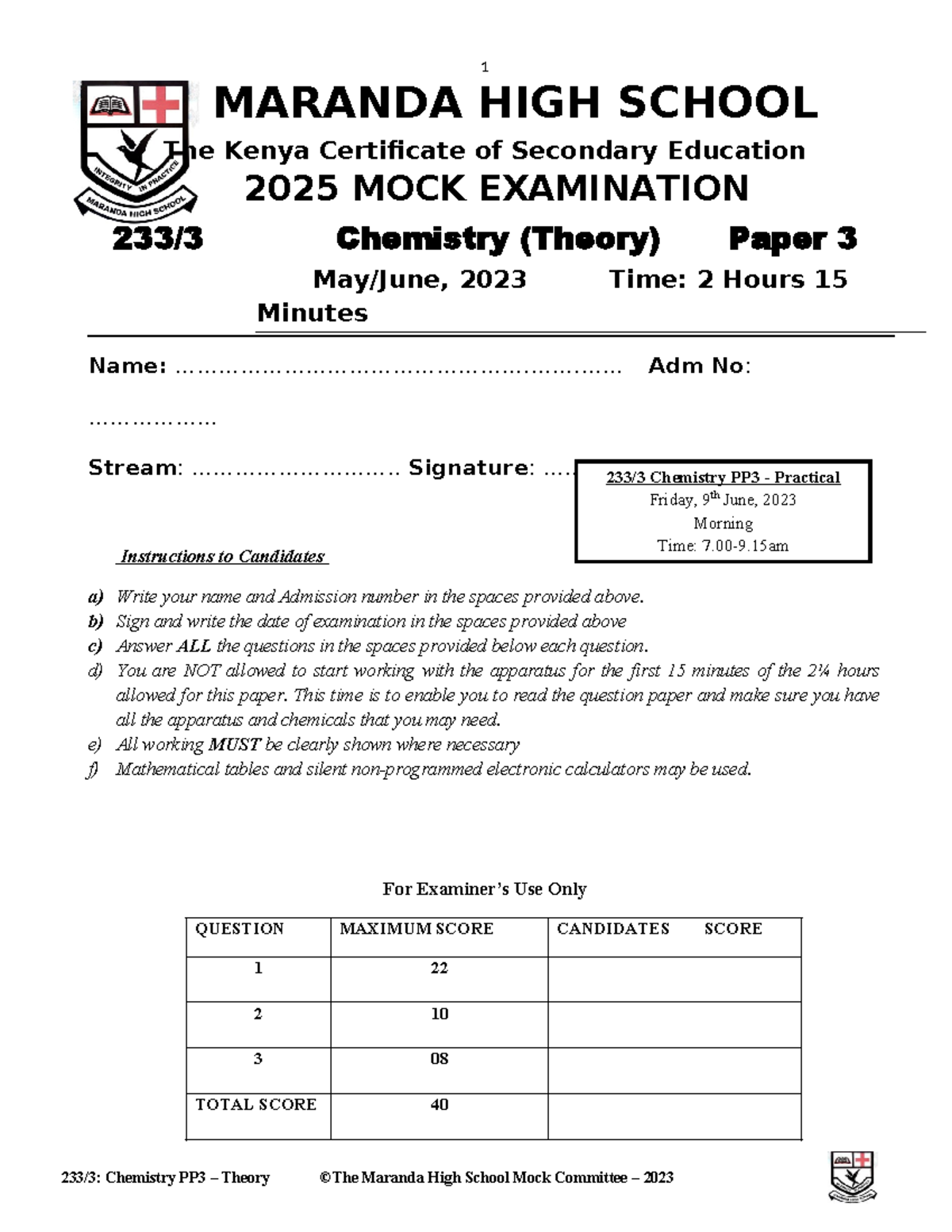 Chemistry PP3 Mock Exam Practical Questions - Maranda High School 2023 ...
