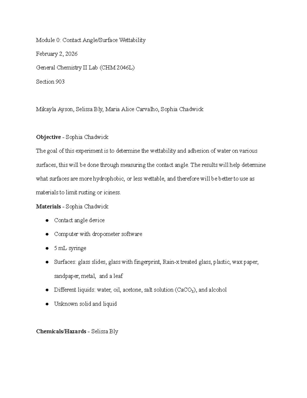 Module 0: Pre-Lab Plan on Contact Wettability (CHM 2046L) - Studocu